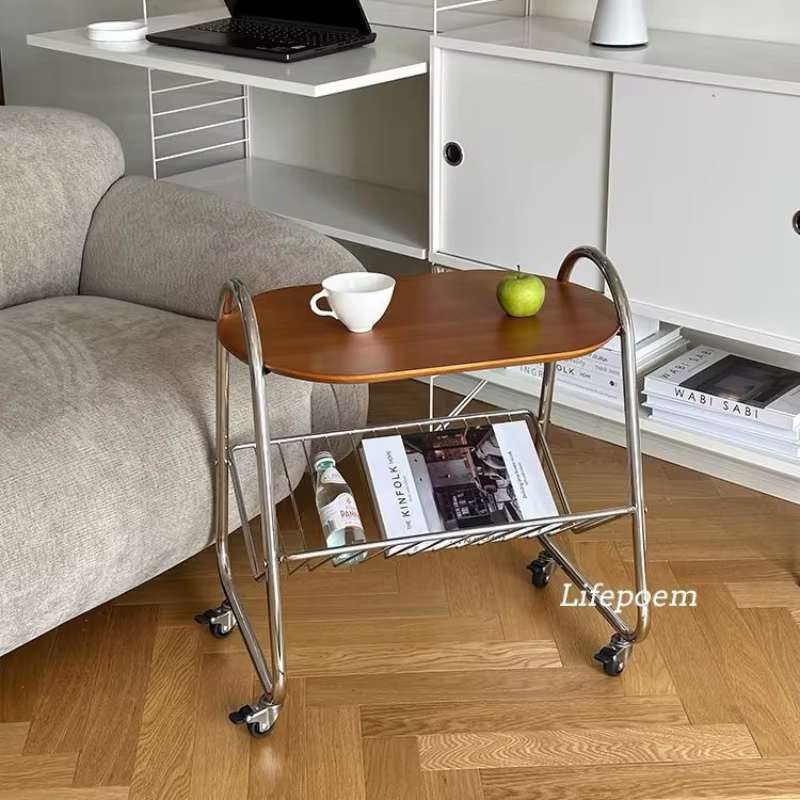 Table basse mobile rétro en bois massif pour salon, avec rangement d'angle créatif pour canapé, char