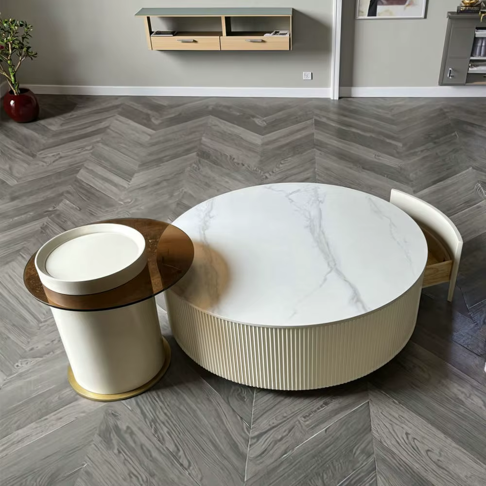 Table d'appoint moderne en bois blanc crème, pierre frittée, tiroir, caractéristique de nidification