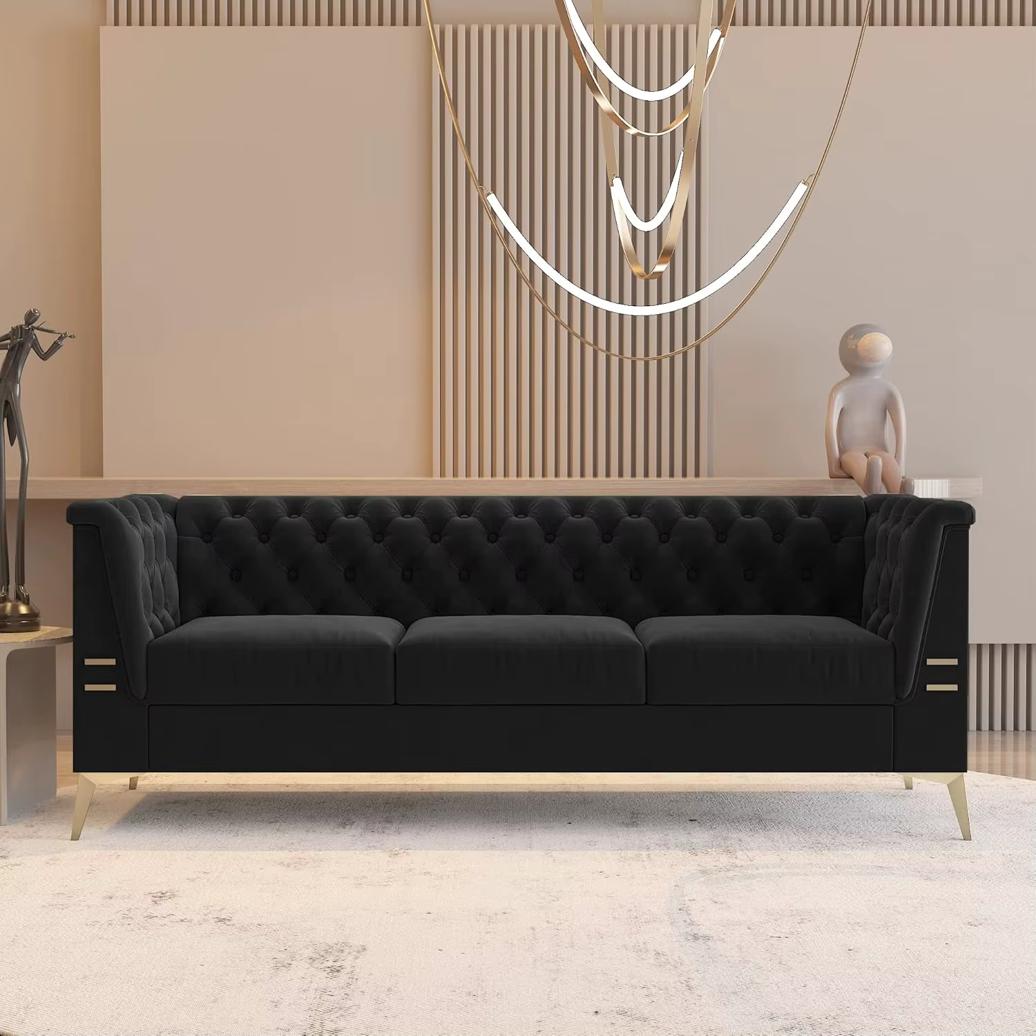 Canapé Chesterfield en velours 3 places capitonné avec pieds en métal doré Salon rembourré confortab