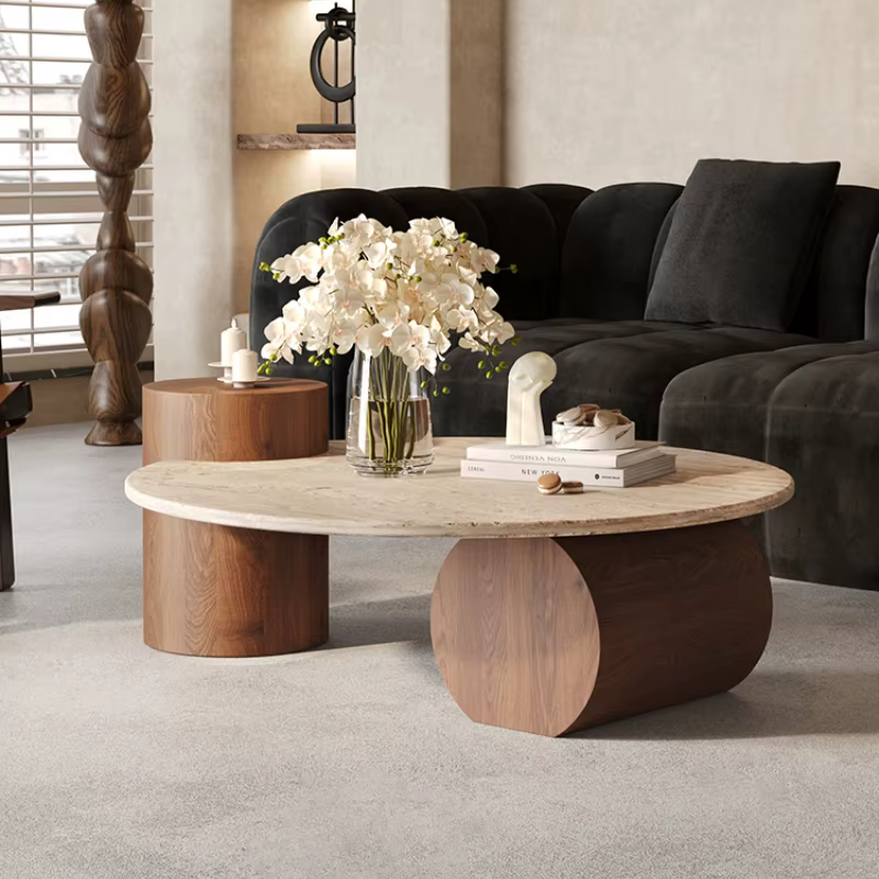 Table d'appoint italienne en pierre, style nordique, travertin naturel, Table basse Unique en bois, 