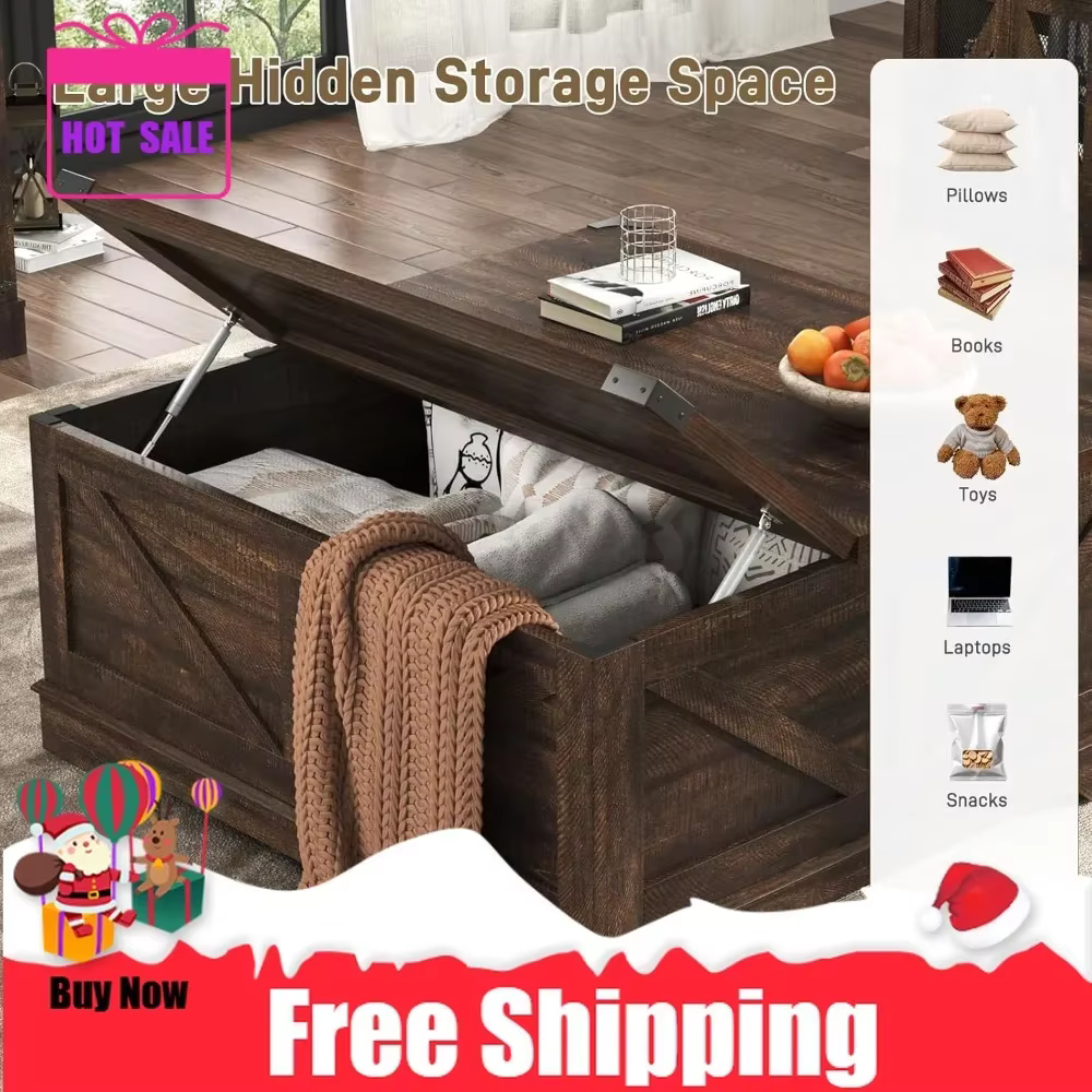 Meilleure vente : Table basse relevable de style farmhouse de 40 pouces avec prises électriques et g