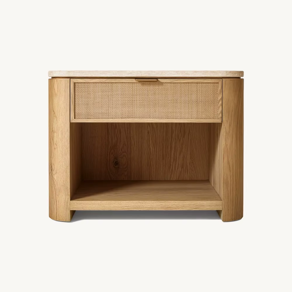 Table de chevet moderne en bois, table de chevet en rotin avec tiroir de rangement et étagère ouvert