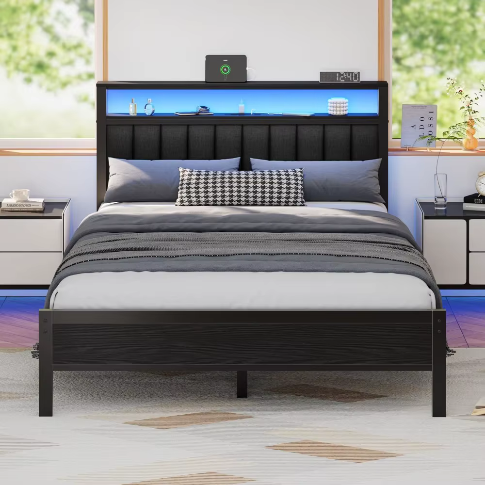 Cadre de lit avec station de charge et éclairage LED, lit plateforme avec lattes métalliques, rembou