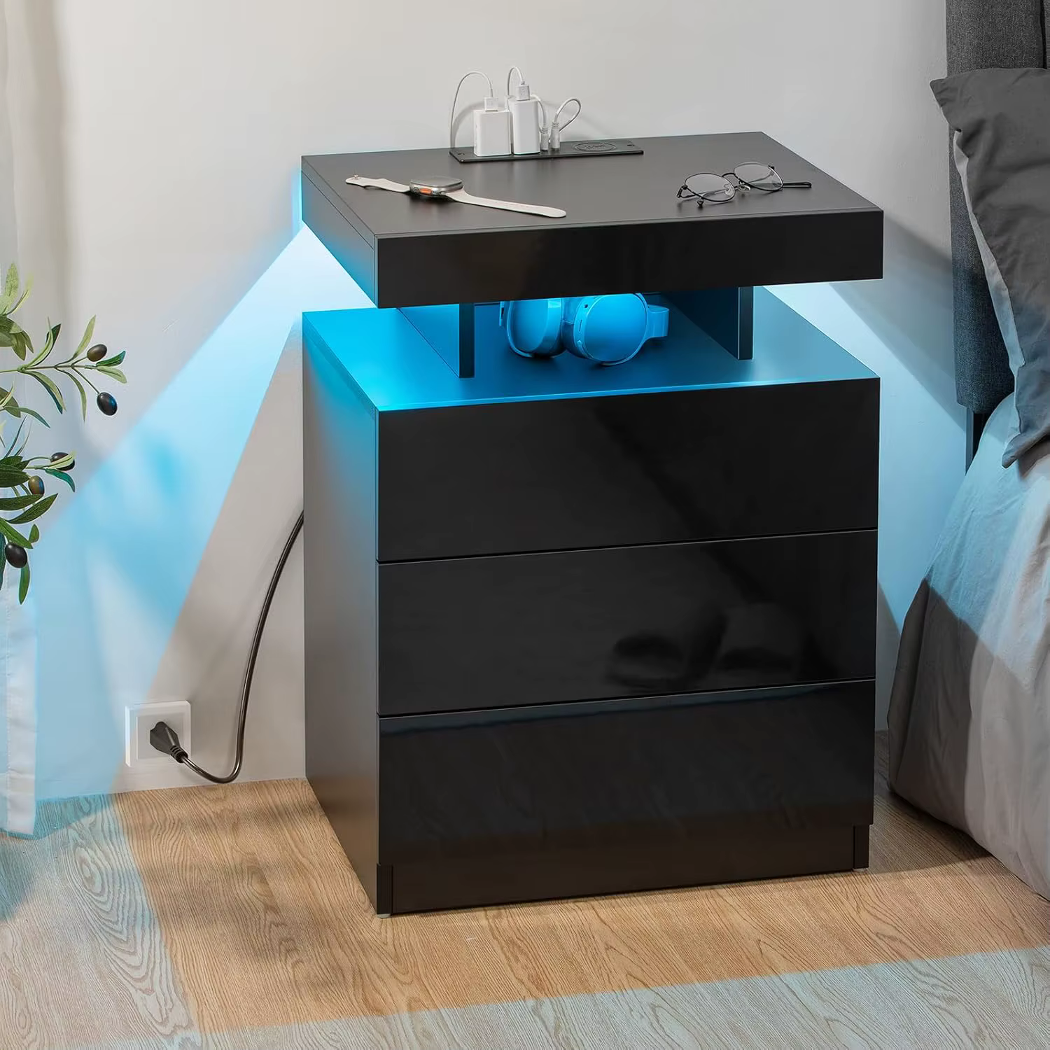 Table de chevet LED avec station de charge sans fil et ports USB, table de chevet moderne, table de