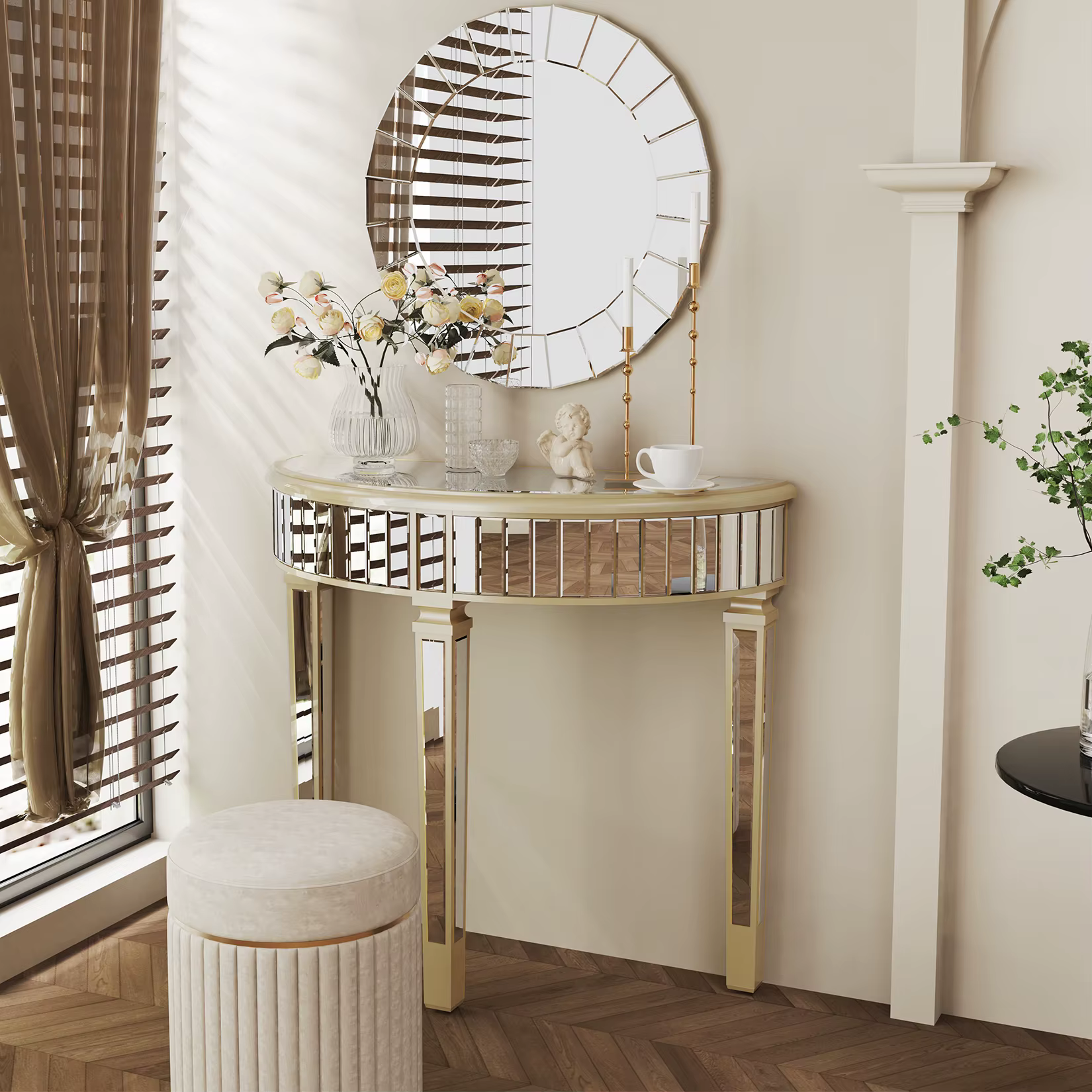 Table console miroir demi-lune pour entrée et salon, coiffeuse de maquillage pour couloir argenté, m