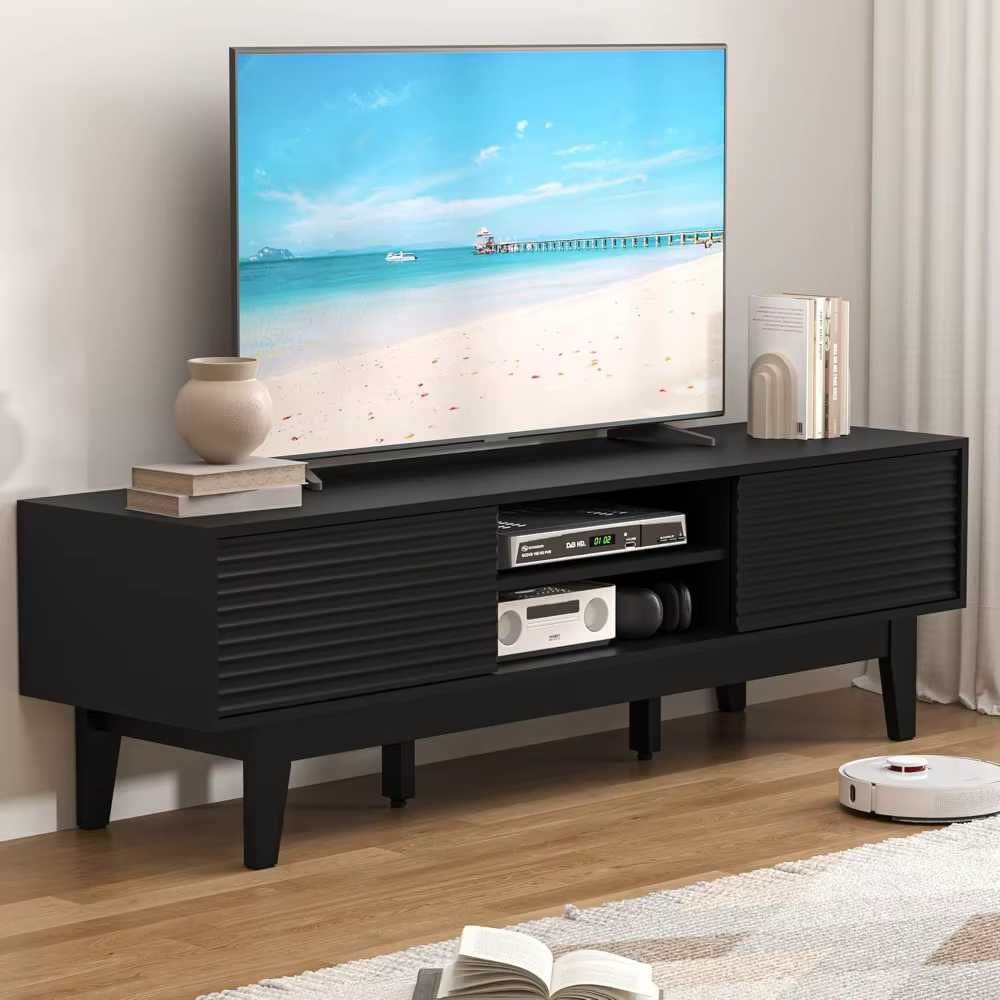 Meuble TV pour téléviseur 65 pouces, centre de divertissement moderne à cannelures avec rangement, c