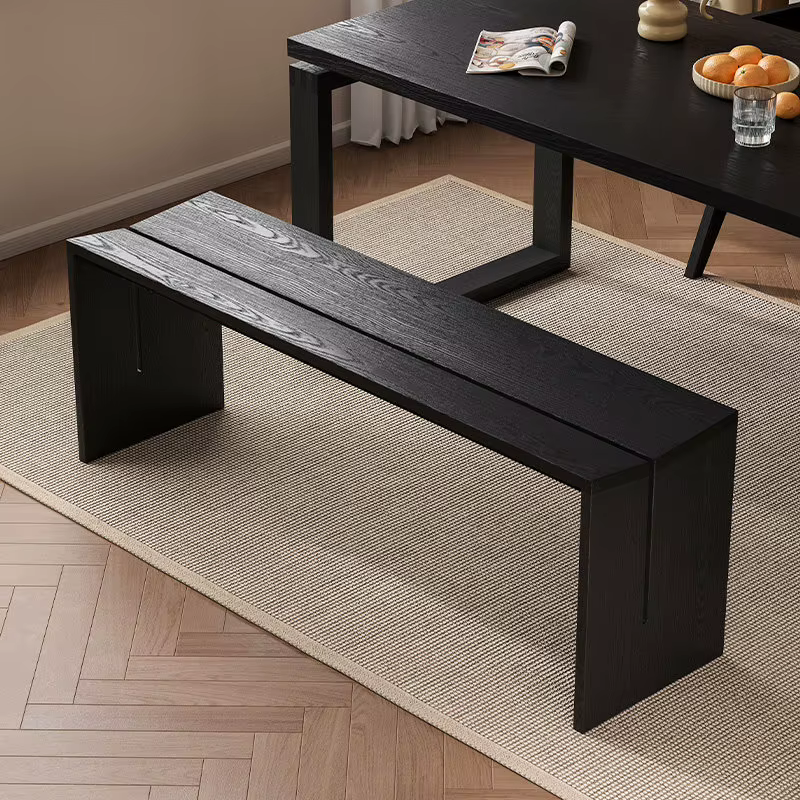 Banc long en bois massif Wabi Sabi noir, minimaliste, avec repose-pieds, pour chambre, entrée, siège