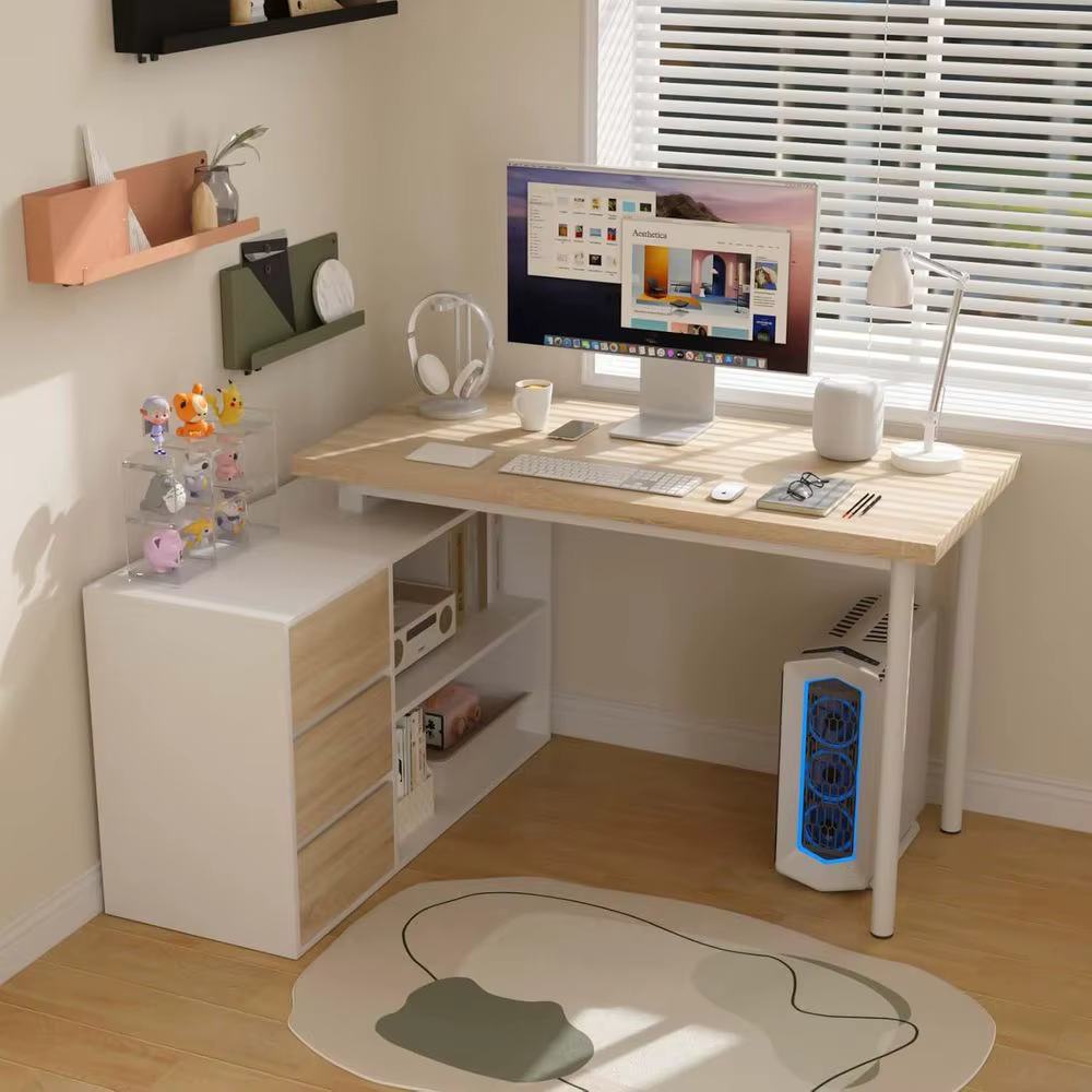 Bureau d'ordinateur en forme de L, bureau à domicile de 47 pouces avec tiroirs et étagères de rangem