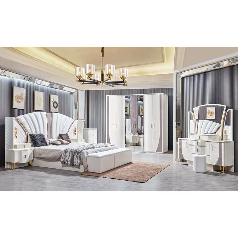 Ensemble de meubles de chambre à coucher en bois au design moderne, lit double king size avec cadre