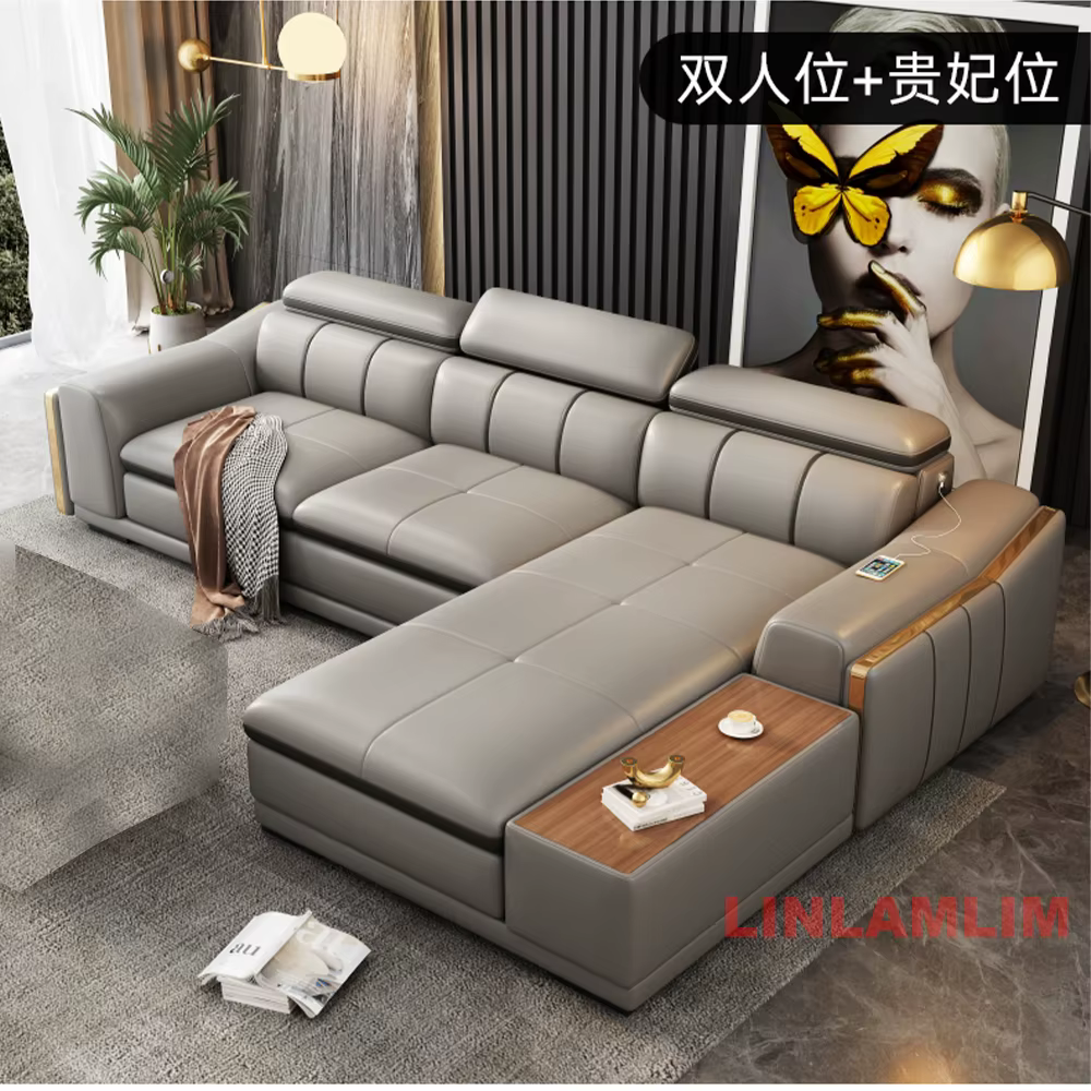Canapé d'angle moderne en cuir véritable avec appuie-têtes inclinables, USB, haut-parleur, porte-gob