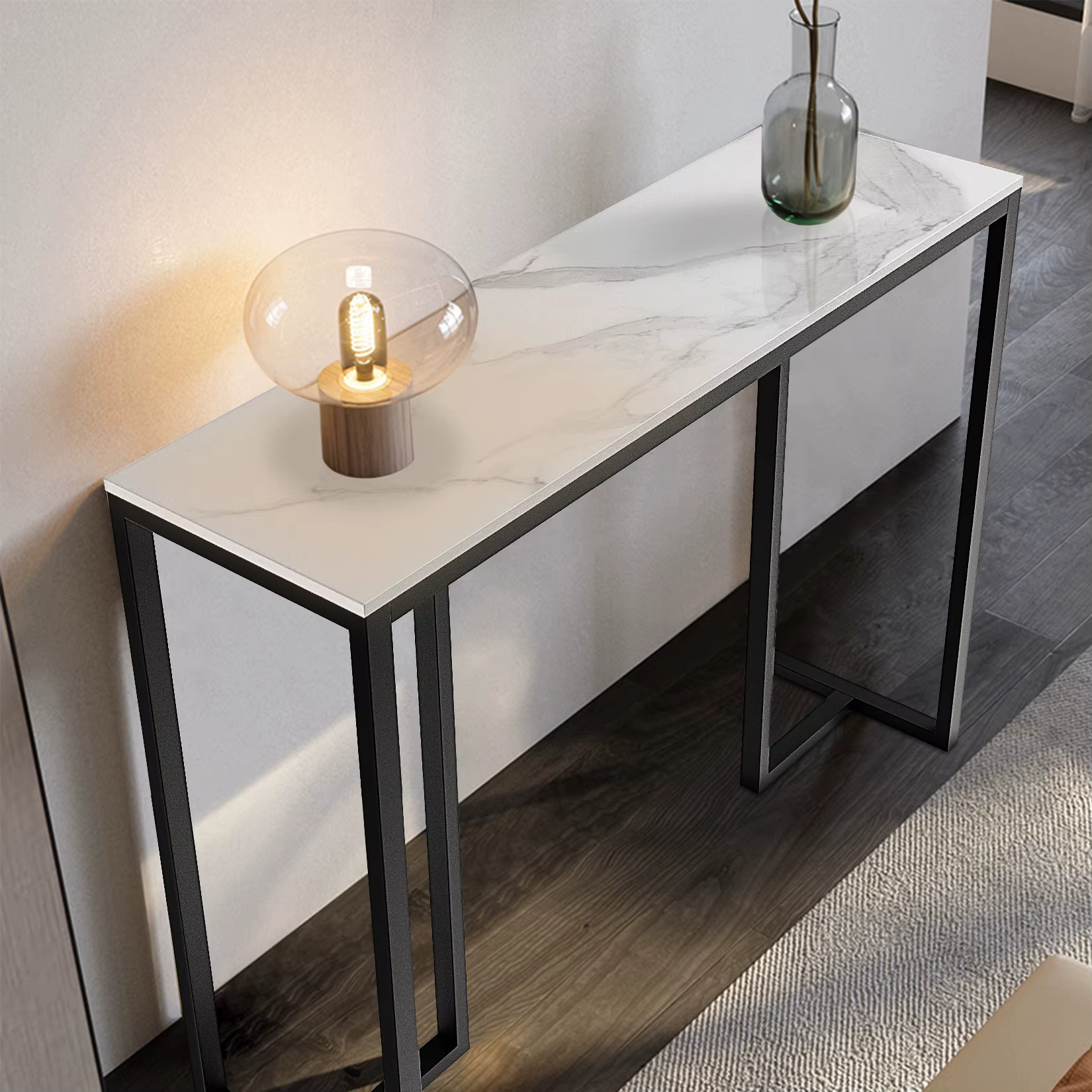Table Console Moderne en Marbre avec Cadre D.lique, Support Latéral d'Accent, Canapé, Entrée, Hall,