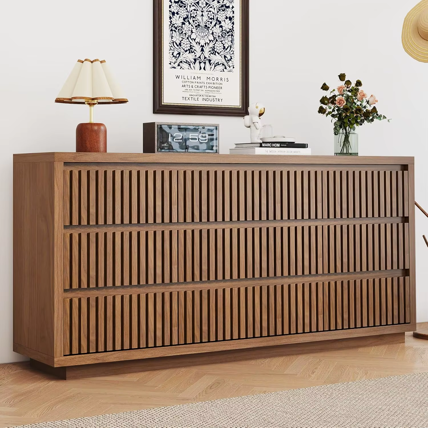 Commode à 9 tiroirs à nervures, grande commode de style mid-century pour chambre à coucher, 58 pouce