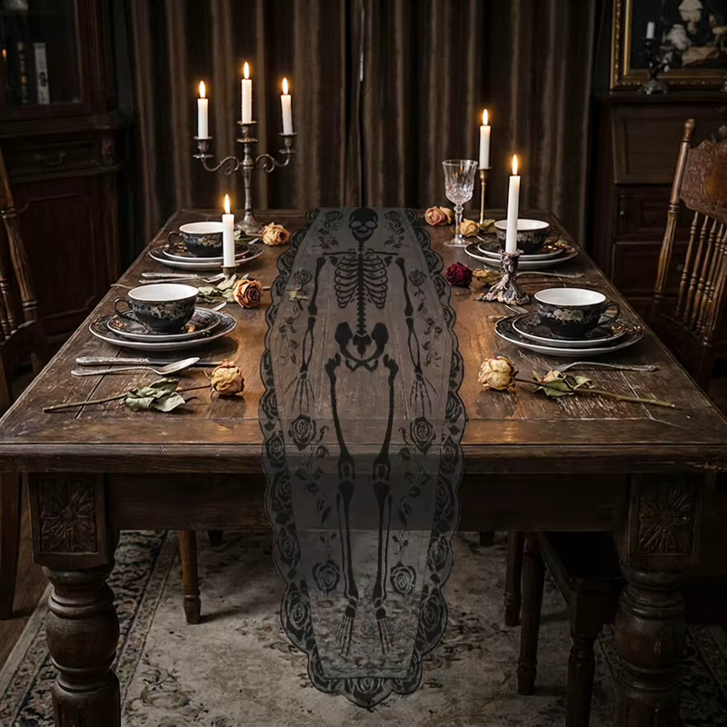 Drapeau de table squelette sombre pour Halloween, garniture en dentelle rose, décoration de table po