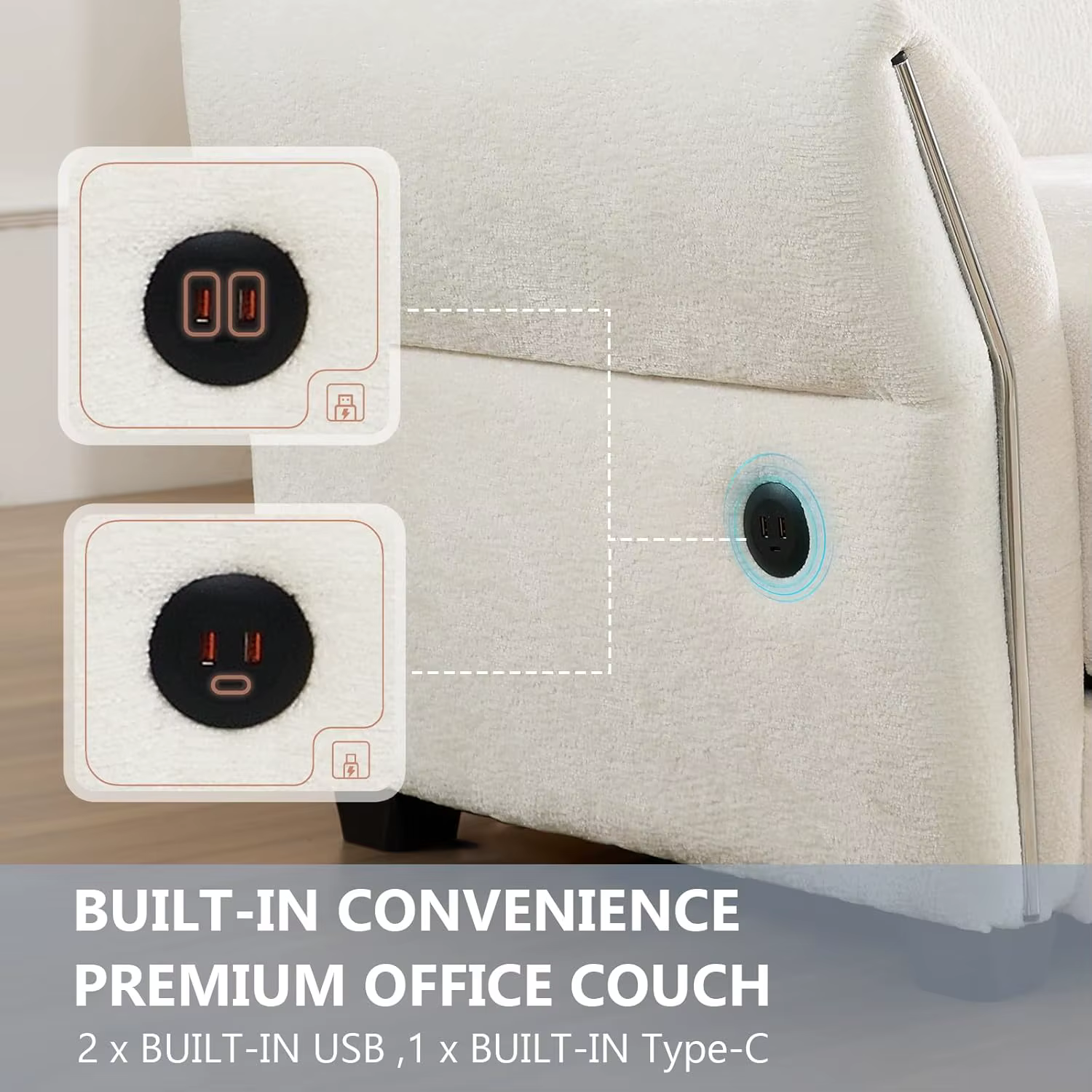 Canapé d'angle en chenille avec USB Type-C, 4 places, ottoman, bureau, personnalisable