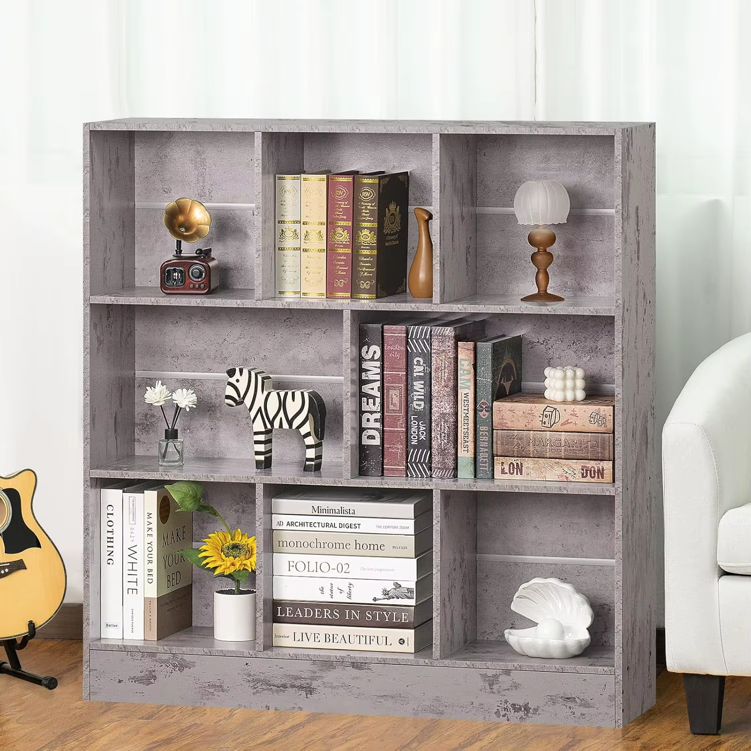 Bibliothèque horizontale moderne, étagères basses en bois, armoire de rangement avec base