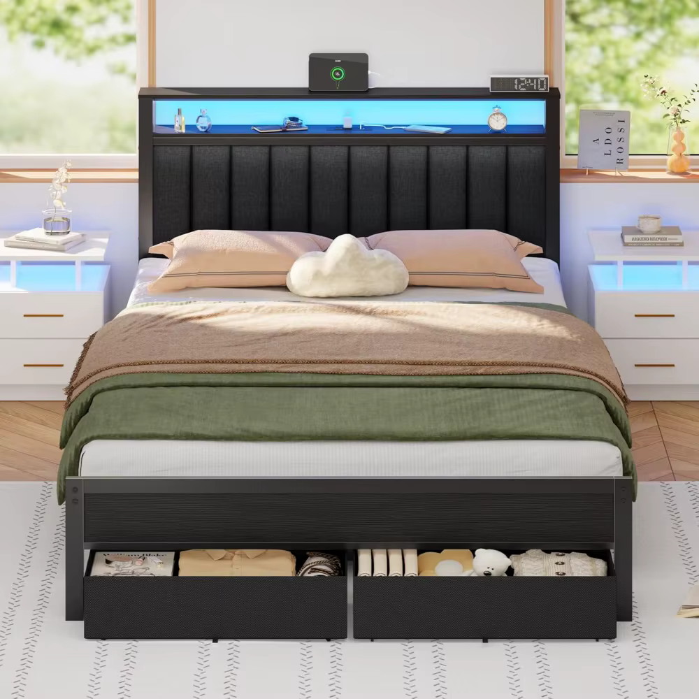 Cadre de lit avec station de charge et éclairage LED, tête de lit rembourrée grise avec étagères, li
