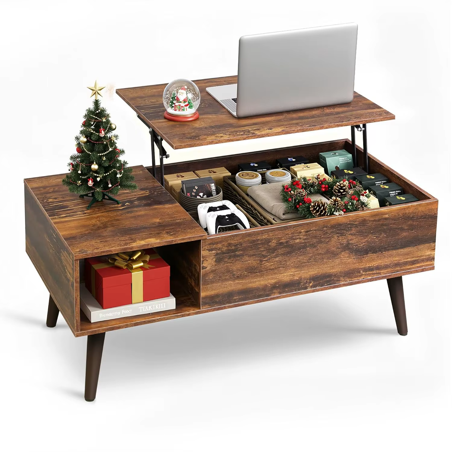 Table basse pour salon, table basse relevable avec rangement, petite table centrale relevable en boi