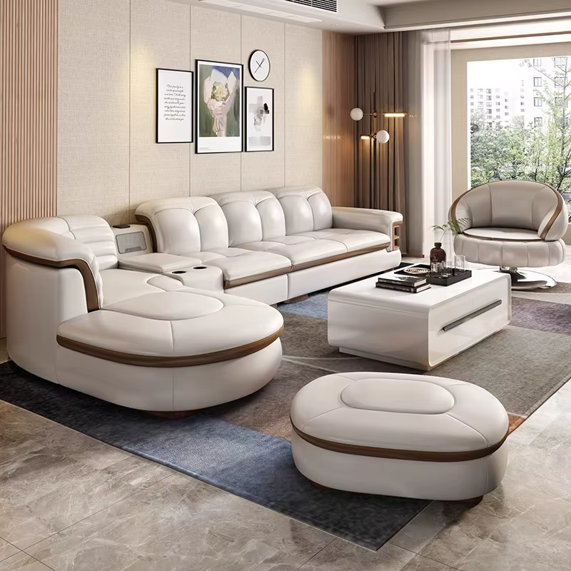 Canapé sectionnel en cuir véritable en forme de L, ensembles de luxe, USB, haut-parleur Bluetooth, s