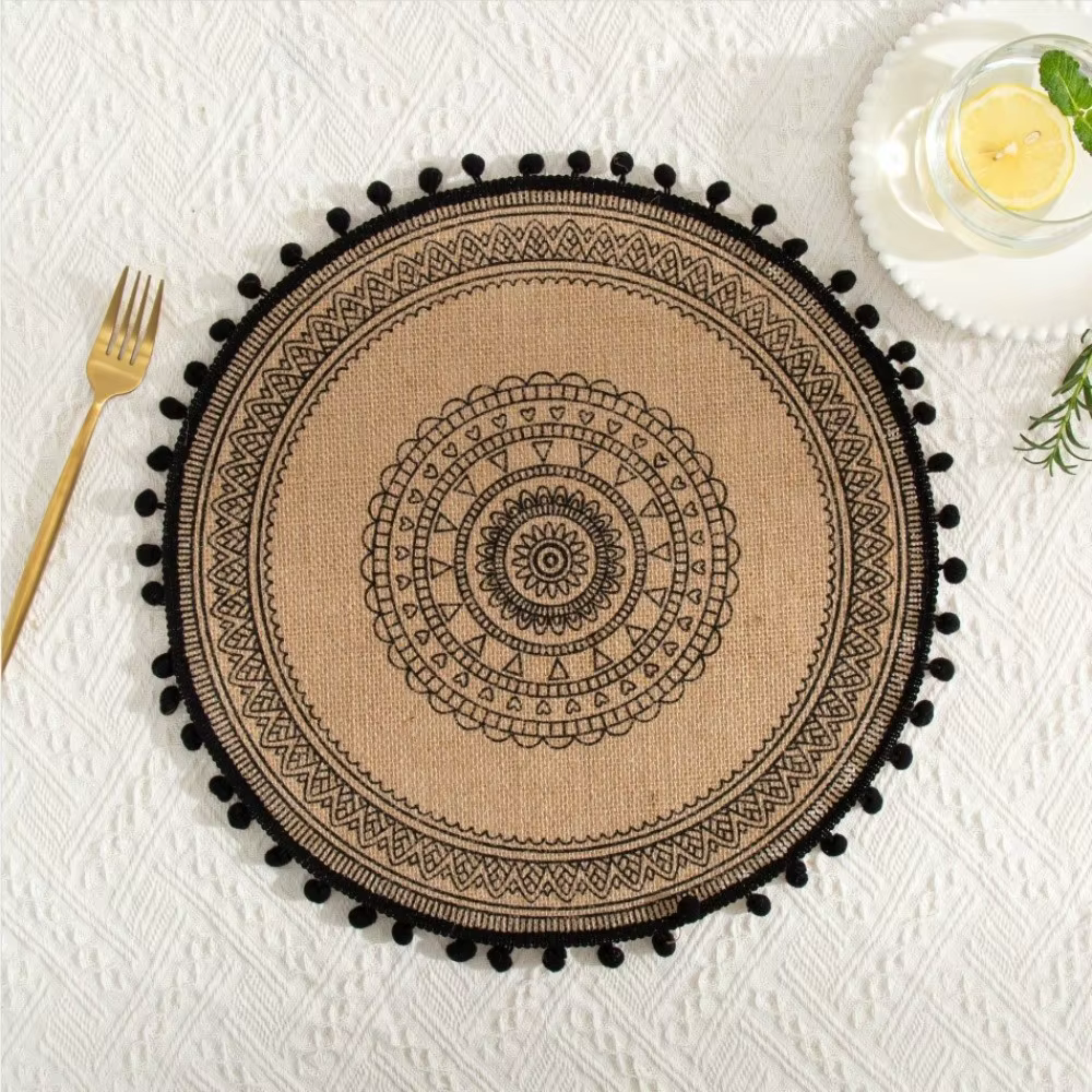 Set de table rond vintage 36/38 cm, résistant à la chaleur, antidérapant, avec pompons, style bohème