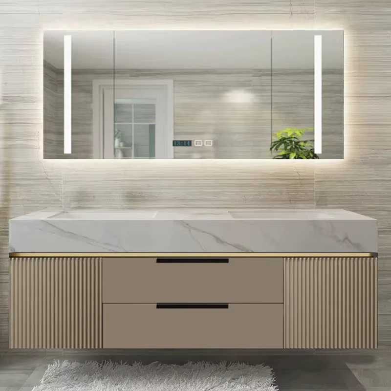 Meuble de salle de bain de luxe en bois avec tiroirs étanches, design élégant, ensemble complet de r