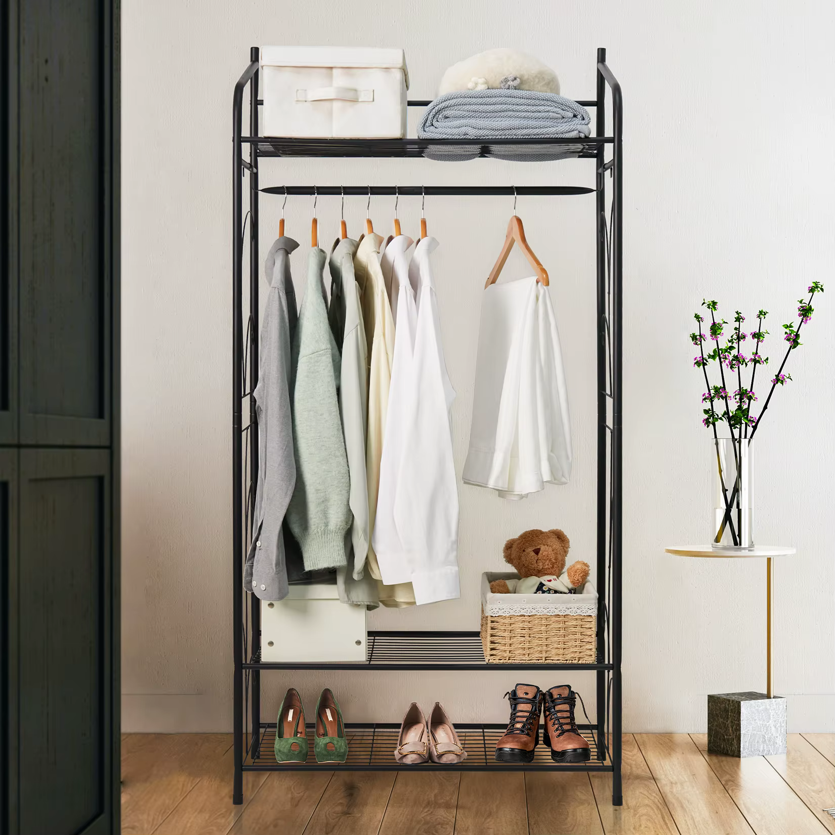 Armoire Ouverte à Vêtement: Penderie à Vêtements Fer Solide Porte Manteau sur Pieds Métallique Noir 