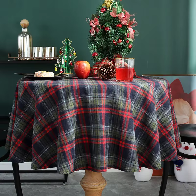 Nappe de Noël ronde à carreaux, résistante aux rides, rustique, à carreaux, pour fête de vacances, s