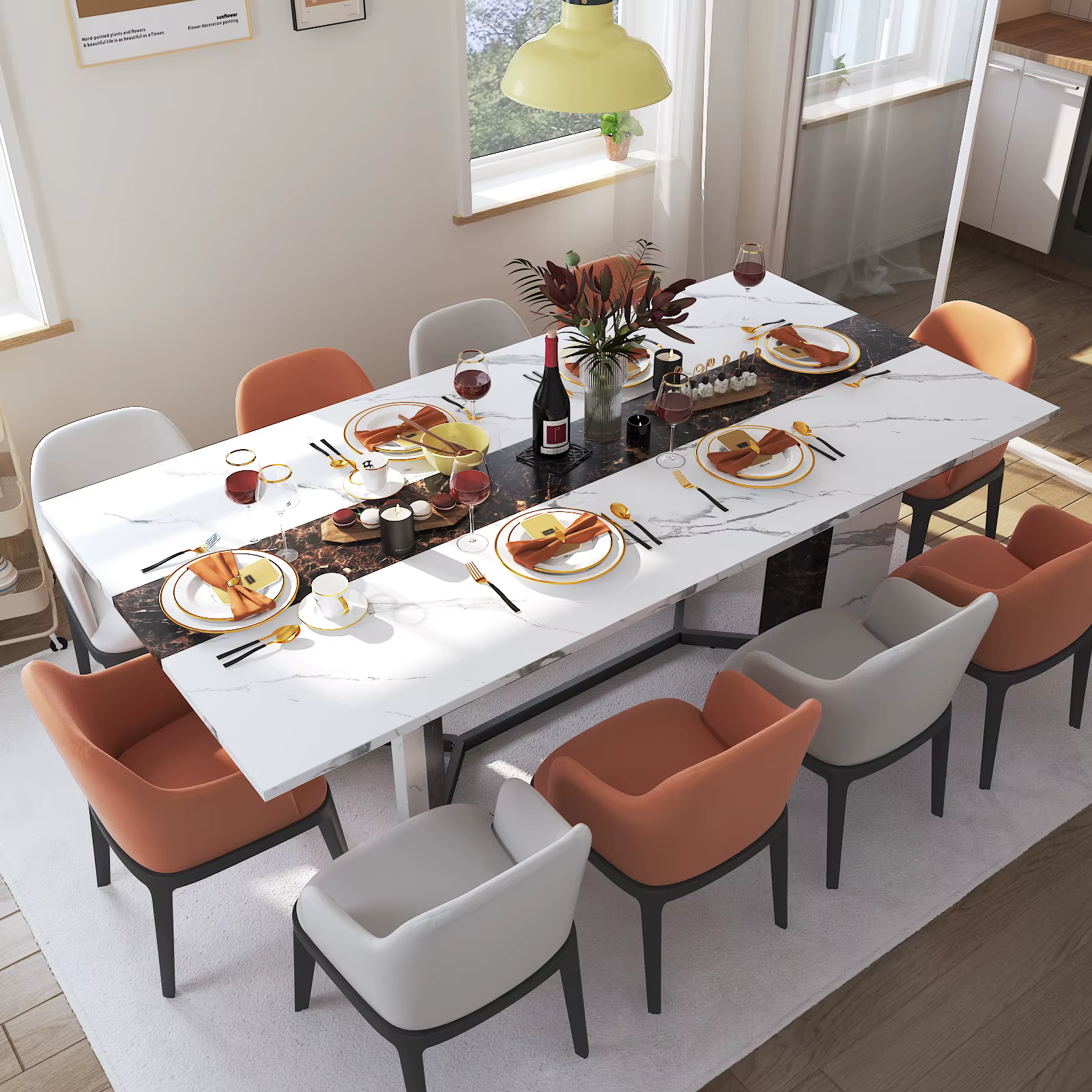Grande table à manger rectangulaire blanche pour 4 5 6 8 10 personnes, table queen familiale avec do
