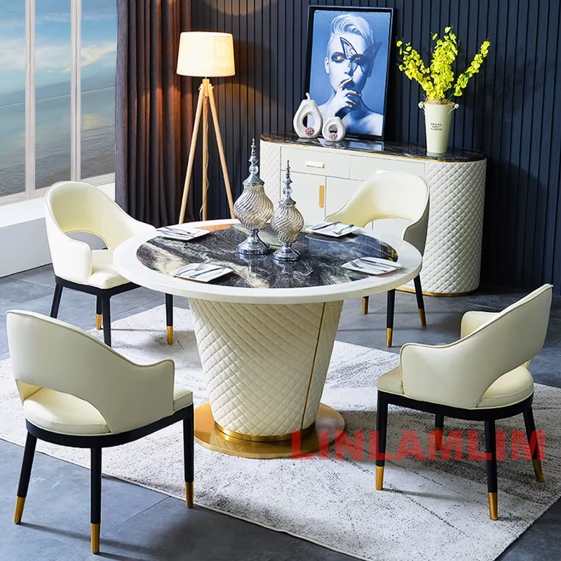 Ensemble de table à manger moderne 7 pièces pour 6 personnes, table à manger ronde en marbre avec 6 
