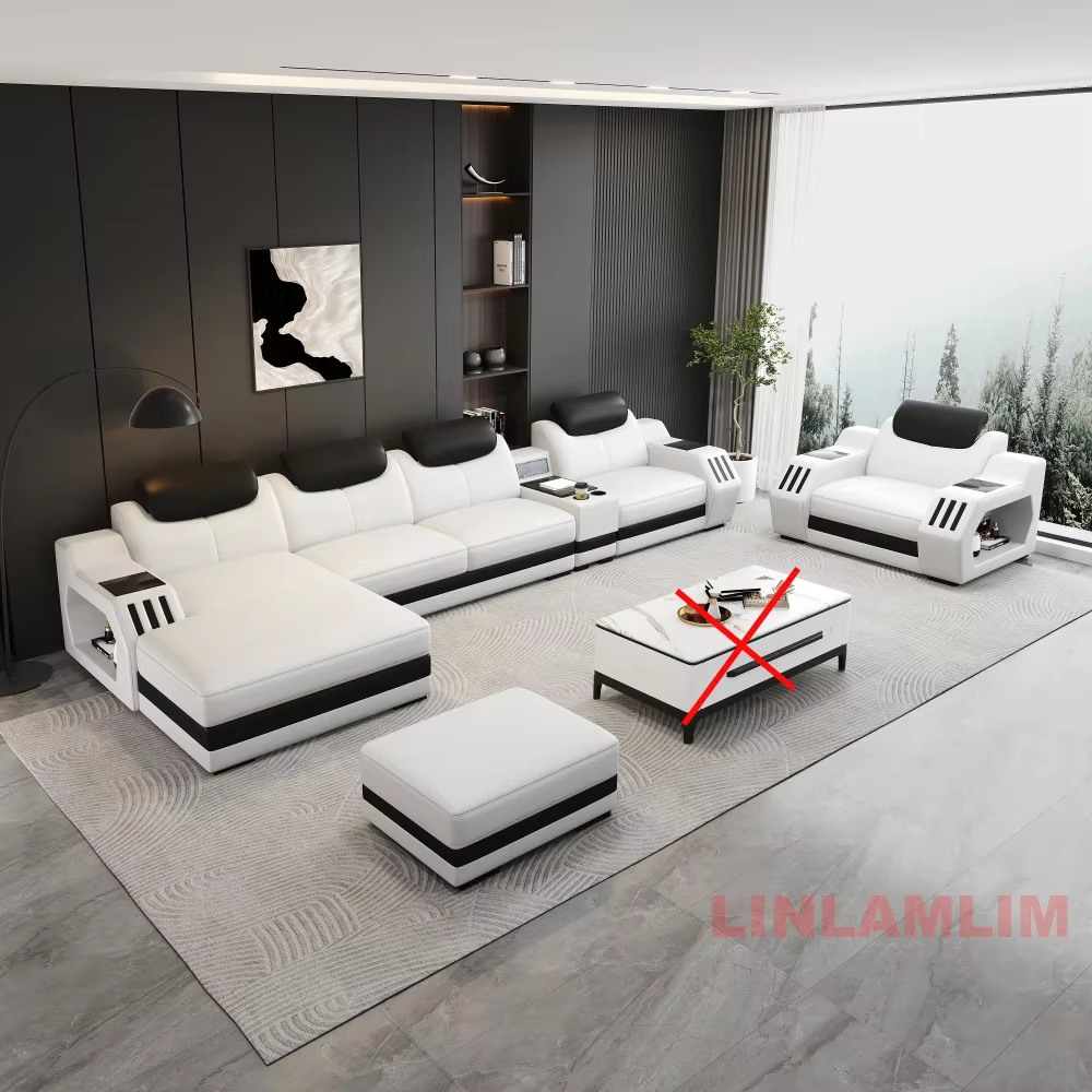 Canapé-lit sectionnel moderne en cuir véritable avec appuie-têtes réglables et éclairage LED, ensemb