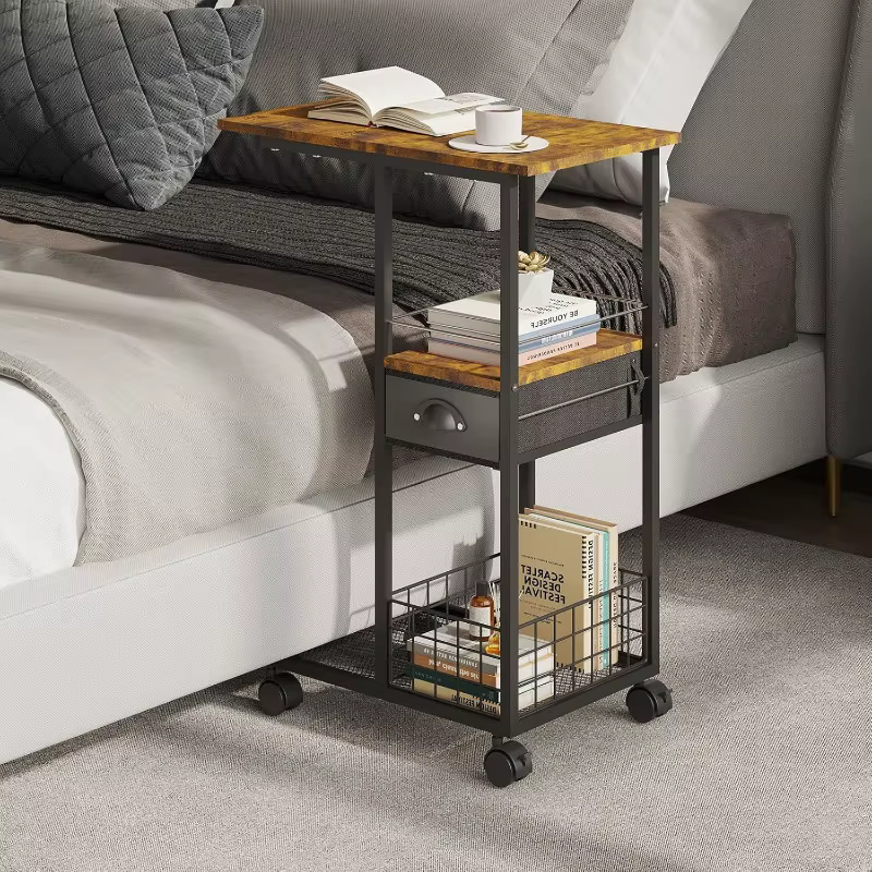 Table d'appoint moderne Vintage roulante, Table d'appoint compacte multifonctionnelle en forme de C 