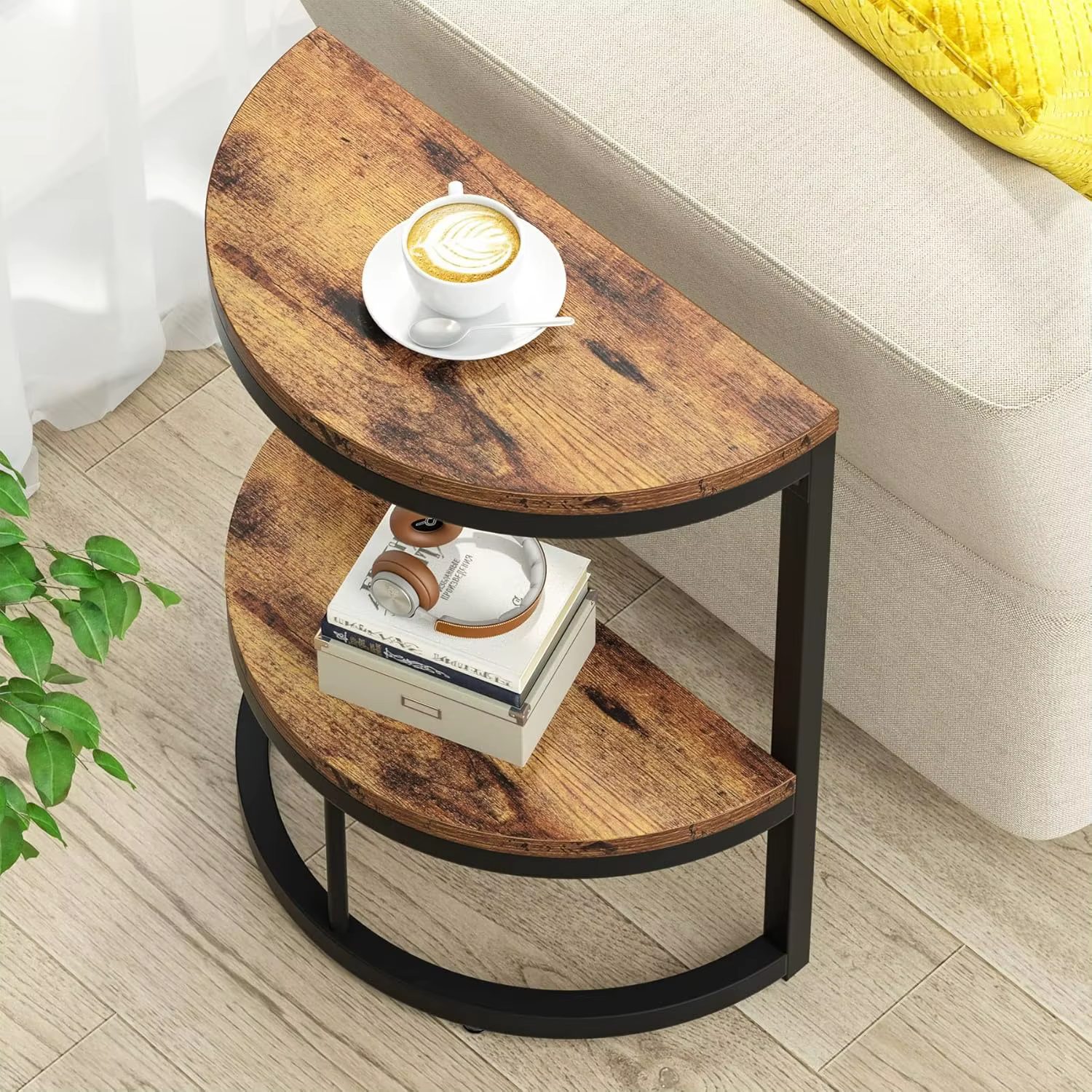Table d'appoint semi-cercle à 2 niveaux, table d'appoint demi-ronde avec étagère de rangement, table