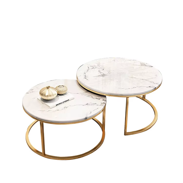 Table basse ronde de luxe moderne en verre nordique avec finition en marbre, meubles de salon conver