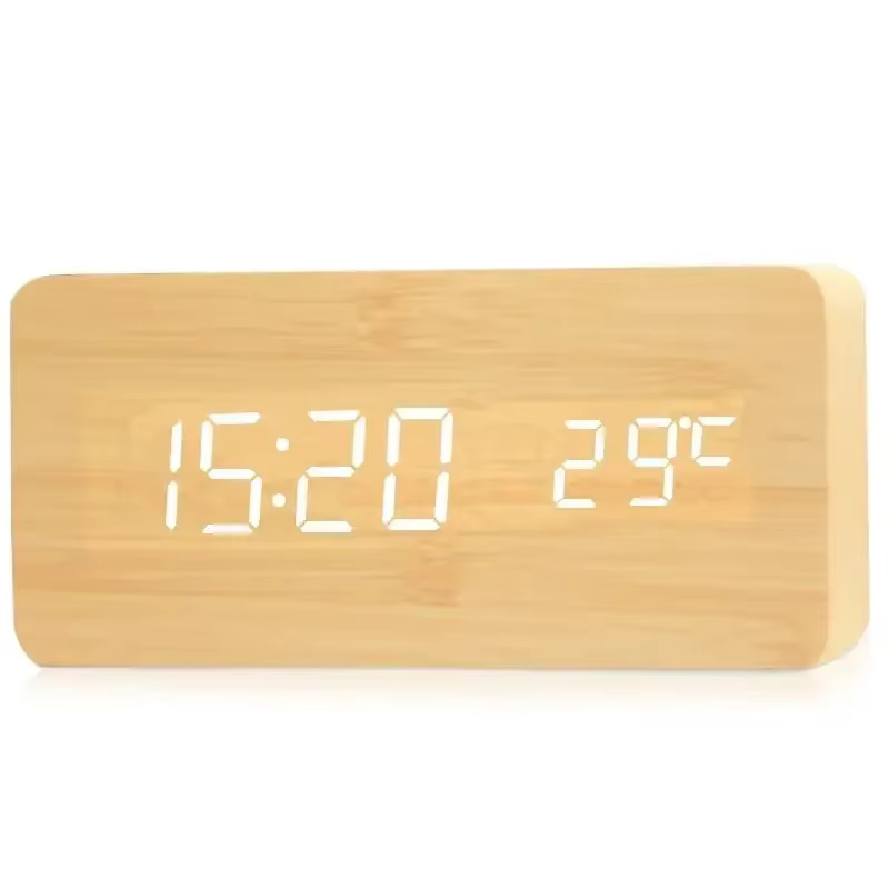 Réveil numérique en bois LED, horloge de Table avec température pour chambre à coucher, bureau, déco