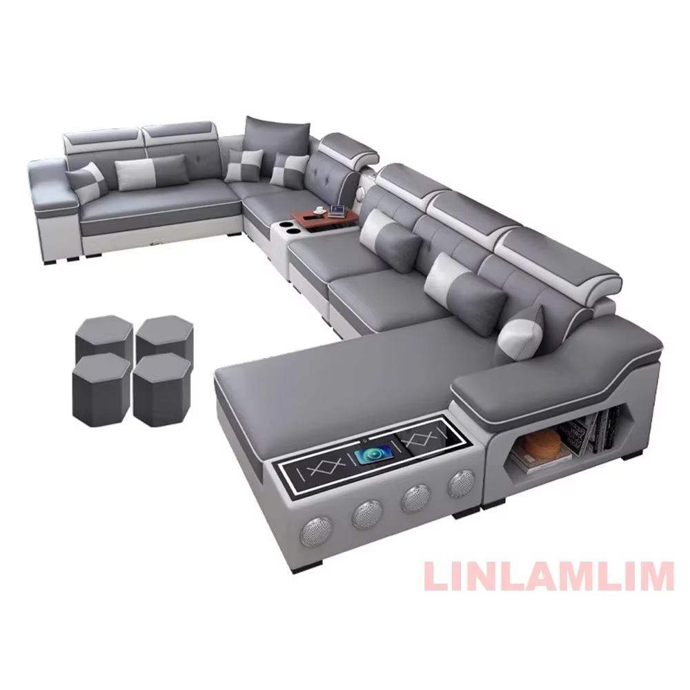 Linlamlim Ensemble de canapé sectionnel en tissu scientifique moderne avec chaise longue, haut-parle