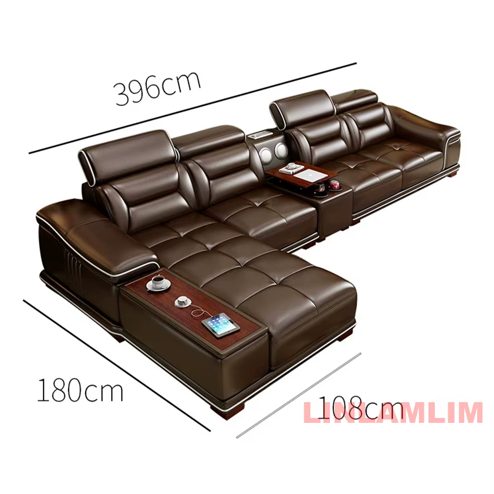 Canapé d'angle moderne en cuir véritable avec USB, haut-parleur Bluetooth, porte-gobelets, chaise lo