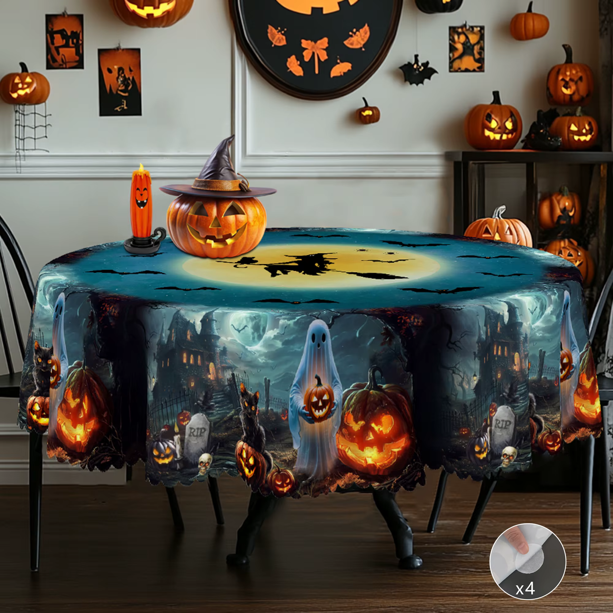 1 Nappe sur le thème d'Halloween, style ferme rétro, citrouille, fantôme blanc, motif de sorcière, a