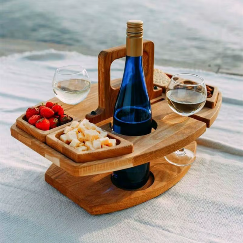 Table de pique-nique pliante en bois avec porte-verre, bureau rond pliable, porte-verre à vin, table