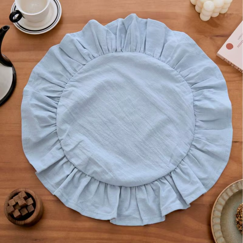 Set de table rustique rond de couleur unie avec bord festonné, pour le thé de l'après-midi, en coton