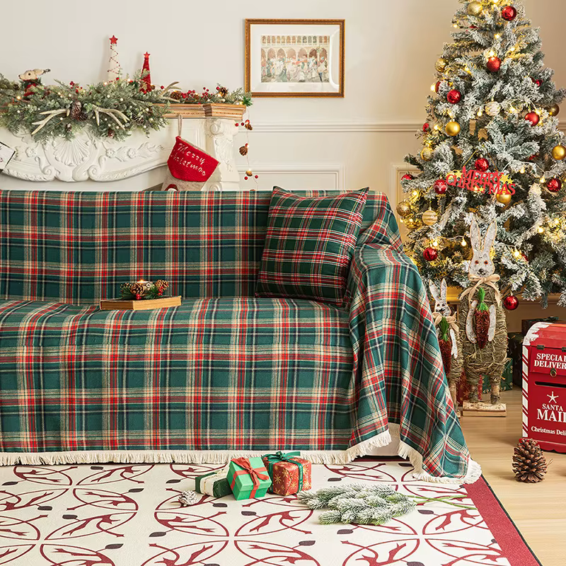 Housse de serviette de canapé à carreaux de noël