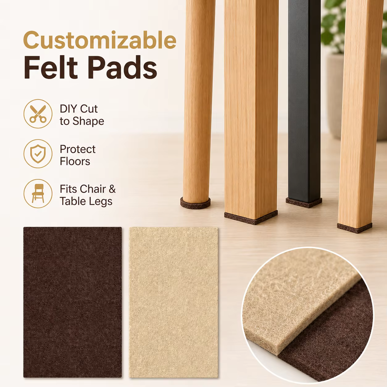 Feutre protecteur personnalisable pour pieds de meubles, feuilles de feutre à découper soi-même pour protéger les sols des chaises et des tables, marron beige