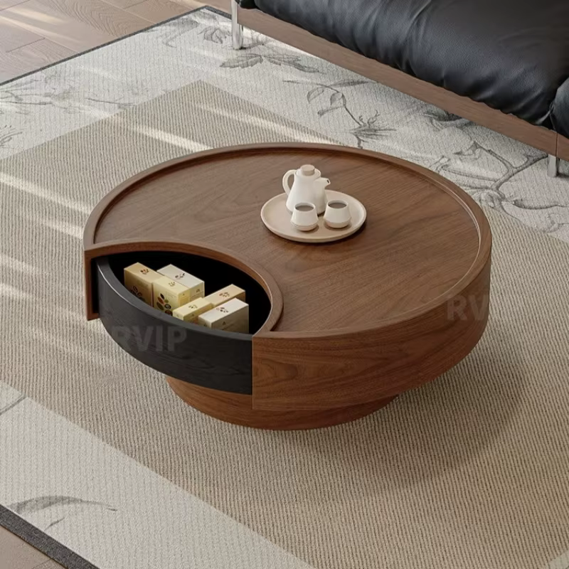 Table d'appoint ronde vintage en bois massif avec rangement