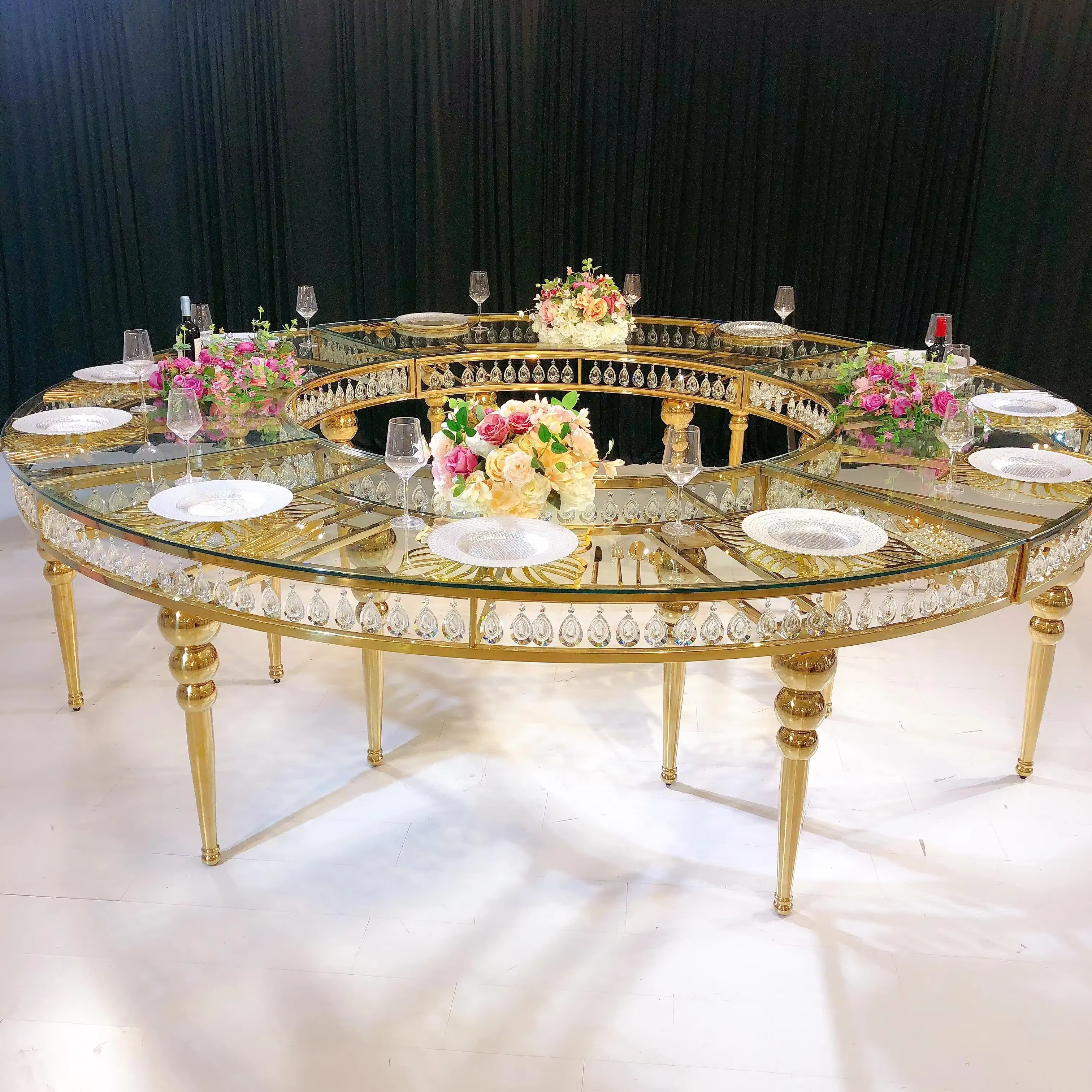 Serpentine Table Luxury glass top gold stainless steel wedding
