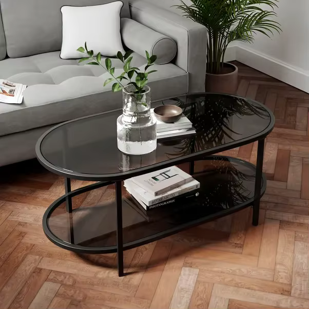 Table basse moderne à deux niveaux en verre avec pieds en métal noir - Meuble de salon pour café