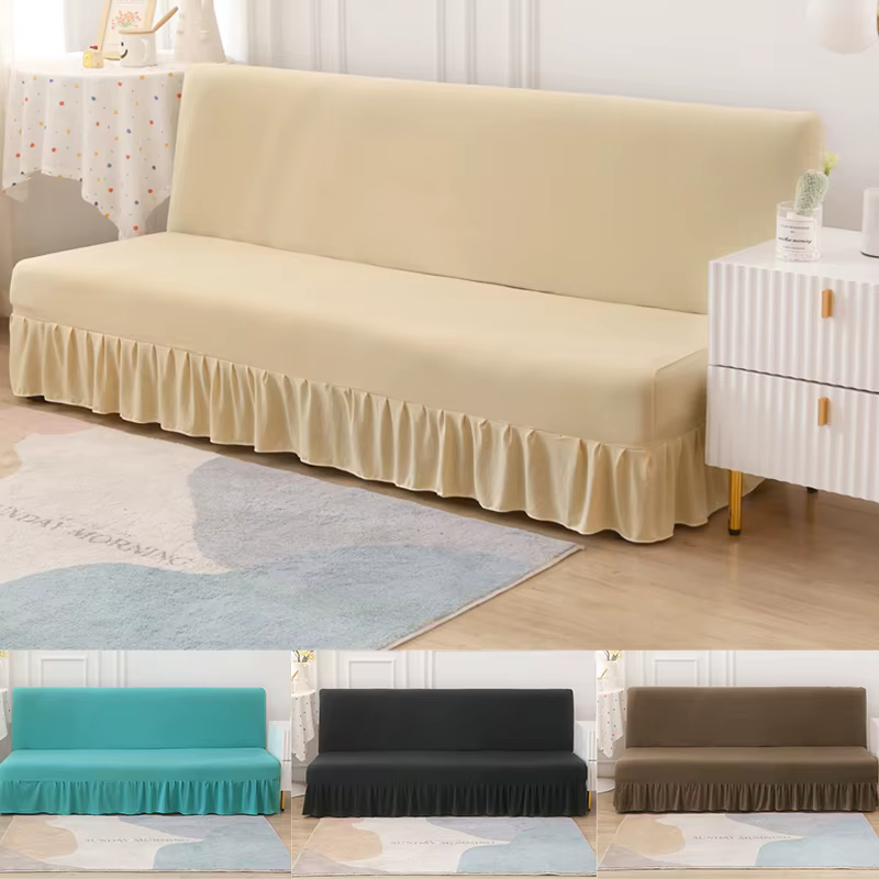 Housse de canapé-lit pliable élastique de couleur unie avec jupe