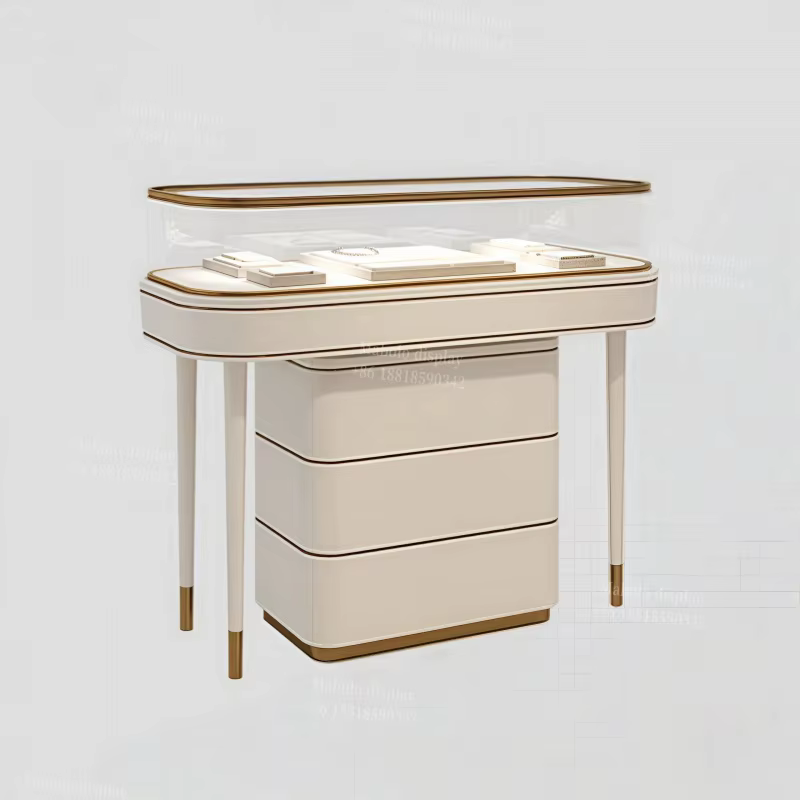 Vitrine à bijoux blanche brillante sur mesure, présentoir professionnel en verre pour bijoux, vitrine de comptoir en verre