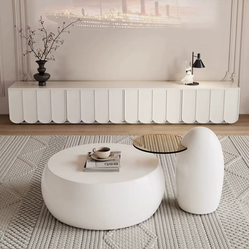 Meuble TV blanc brillant en bois massif