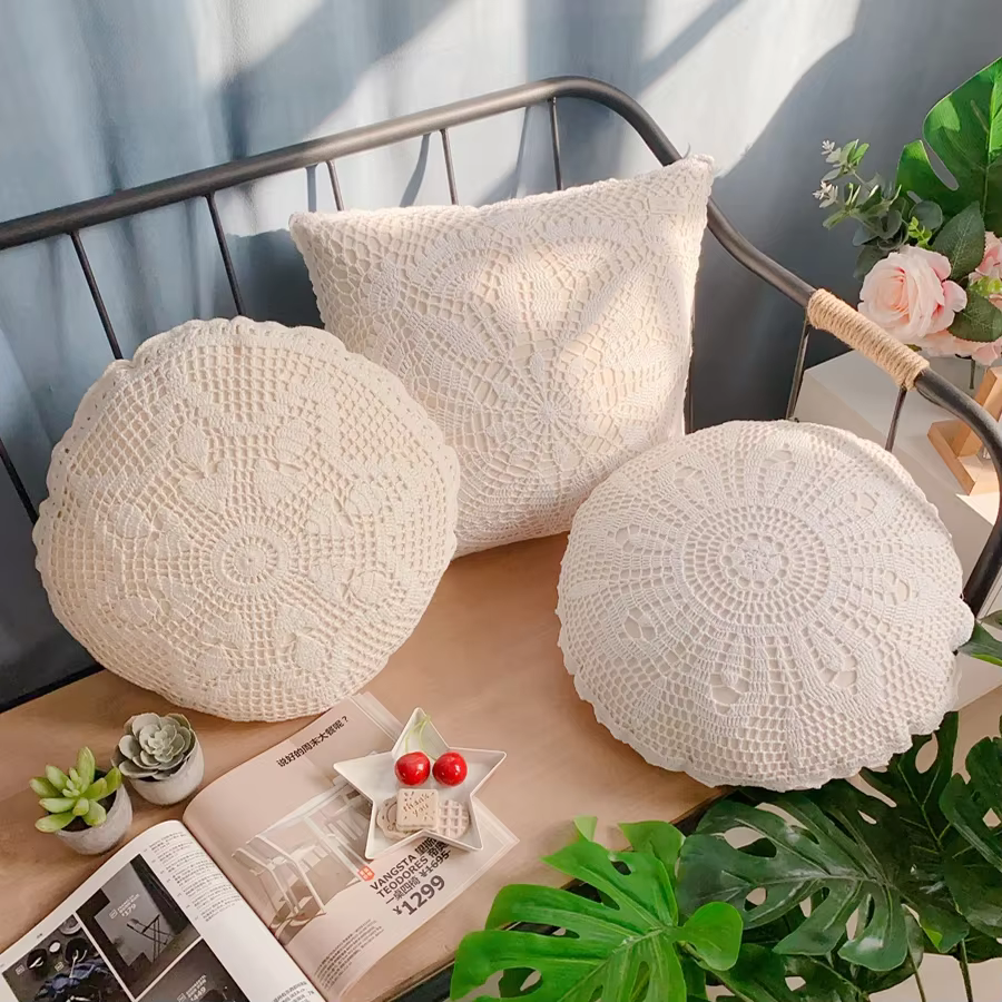 Juste de coussin au crochet en coton et lin, taie d'oreiller tissée à la main, oreillers décoratifs pour canapé, carré, circulaire, 40x40cm