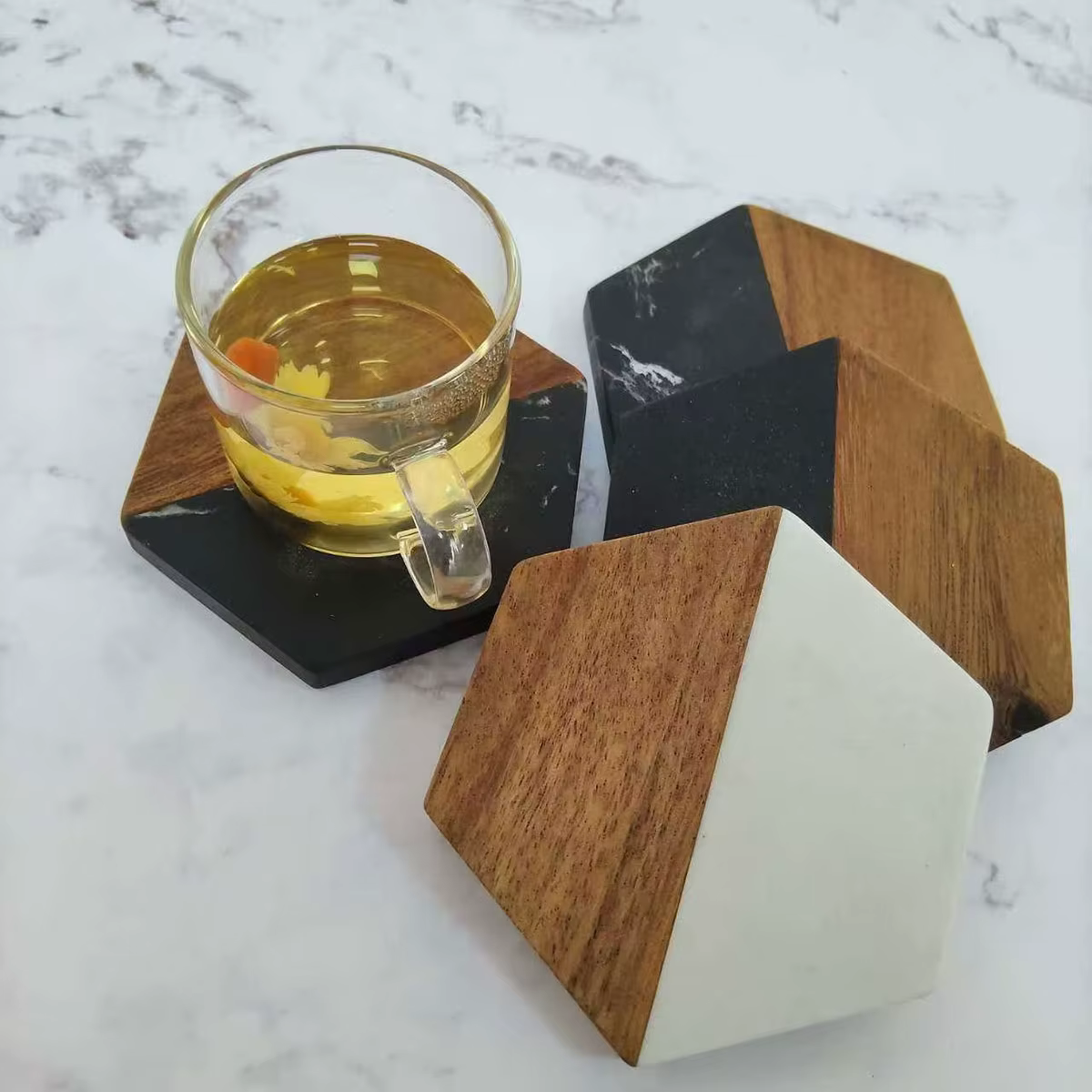 Tapis de tasse à thé Hexagonal en marbre et bois d'acacia