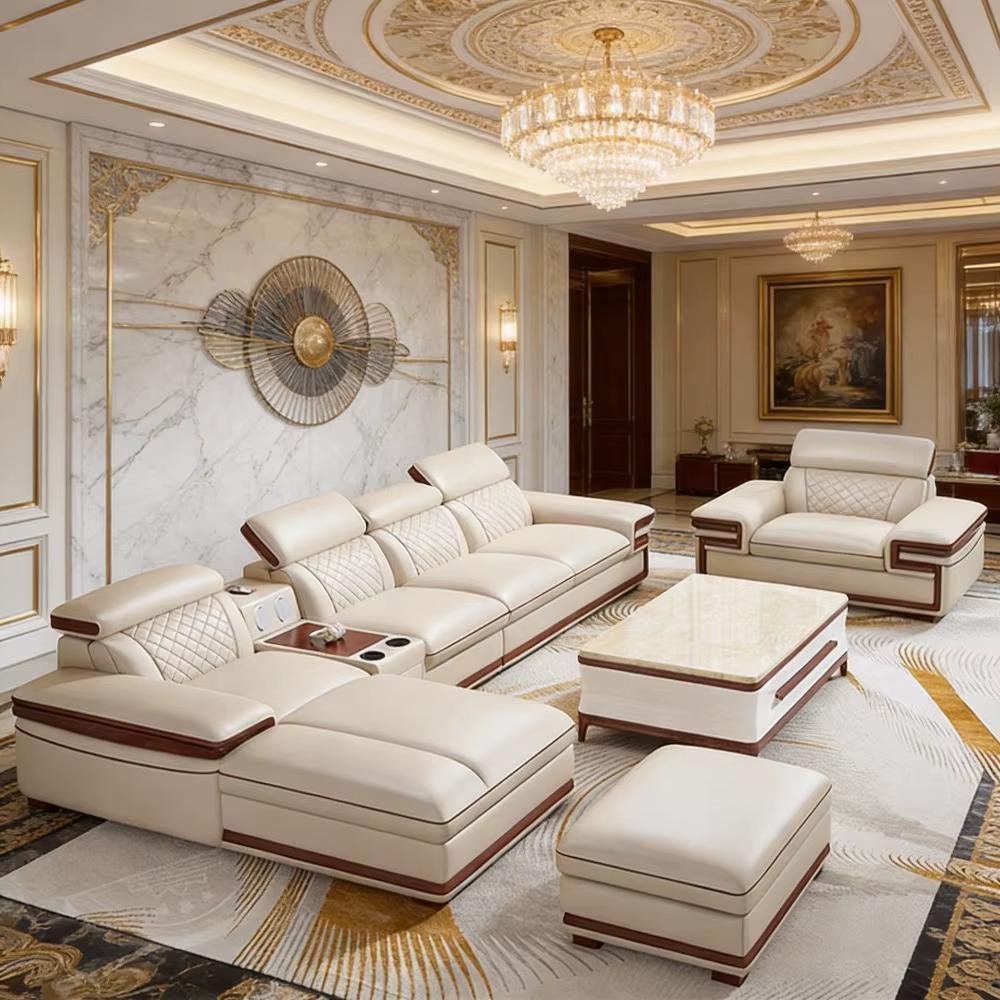 Ensemble de canapés en cuir véritable italien avec chaise longue inclinable