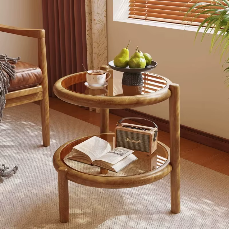 Table basse ronde en bois et verre